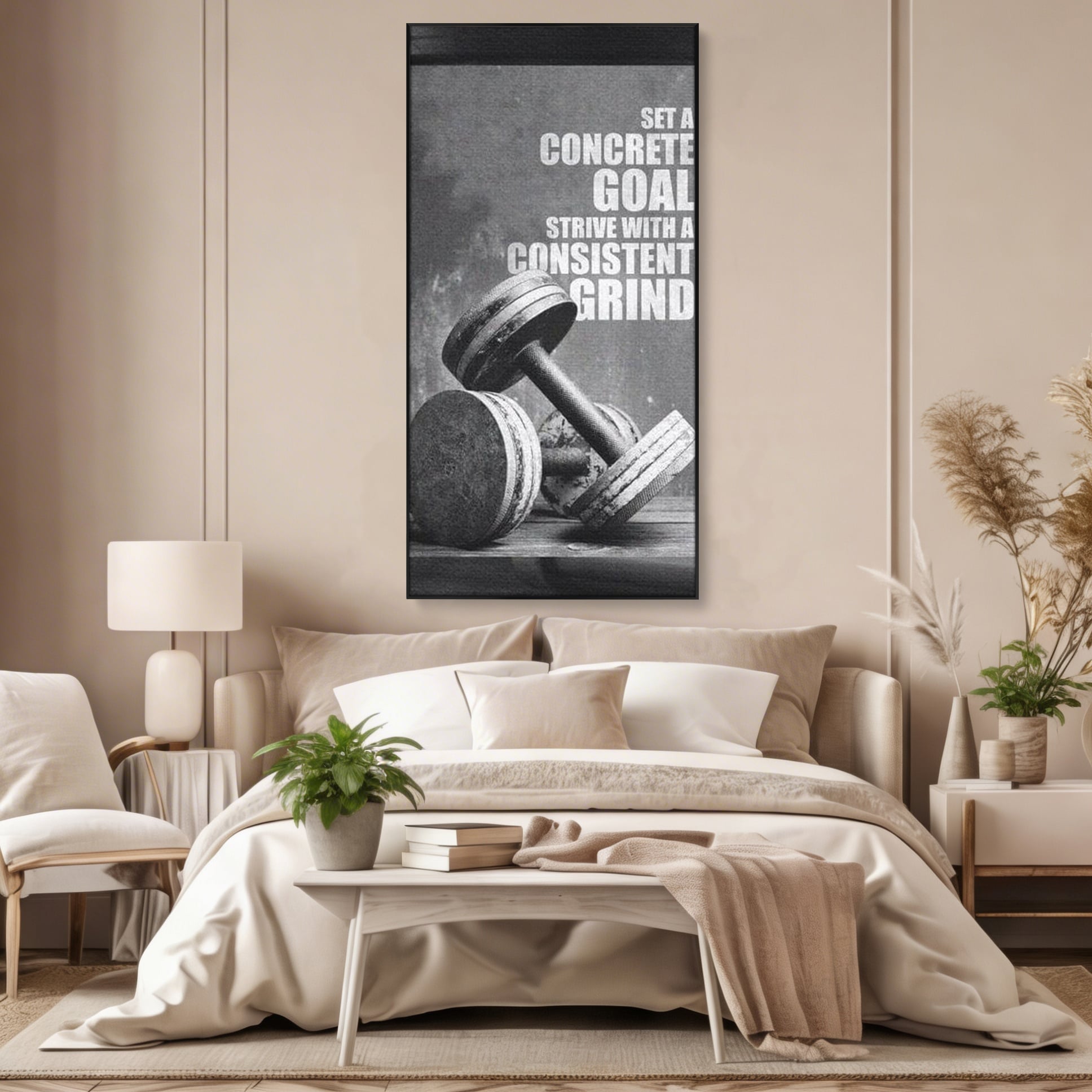 Tablou canvas cu tablou motivational cu gantere si text, in rama de aluminiu negru, pe perete intr-un dormitor